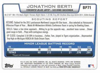 2012 Bowman - Prospects #BP71 Jonathon Berti Back