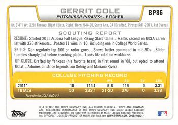 2012 Bowman - Prospects #BP86 Gerrit Cole Back