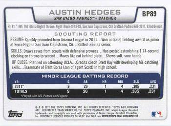 2012 Bowman - Prospects #BP89 Austin Hedges Back