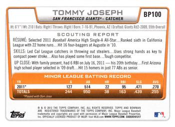 2012 Bowman - Prospects #BP100 Tommy Joseph Back