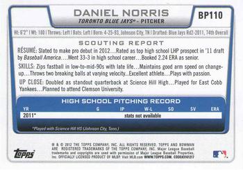 2012 Bowman - Prospects #BP110 Daniel Norris Back