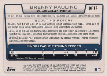 2012 Bowman - Prospects #BP14 Brenny Paulino Back