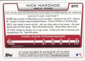 2012 Bowman - Prospects #BP31 Nick Maronde Back