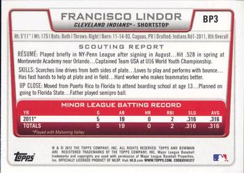 2012 Bowman - Prospects #BP3 Francisco Lindor Back