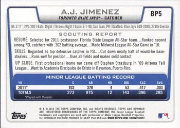 2012 Bowman - Prospects #BP5 A.J. Jimenez Back