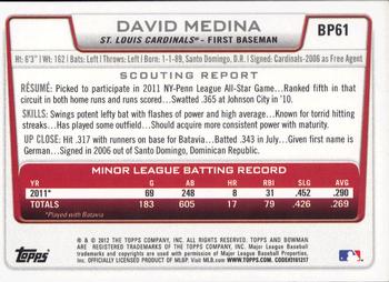 2012 Bowman - Prospects #BP61 David Medina Back