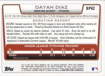 2012 Bowman - Prospects #BP62 Dayan Diaz Back