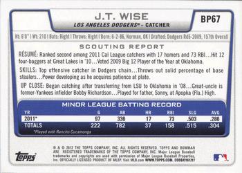 2012 Bowman - Prospects #BP67 J.T. Wise Back