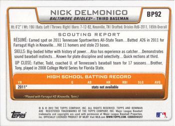 2012 Bowman - Prospects #BP92 Nick Delmonico Back