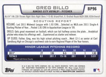 2012 Bowman - Prospects #BP96 Greg Billo Back