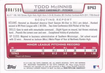 2012 Bowman - Prospects Blue #BP63 Todd McInnis Back