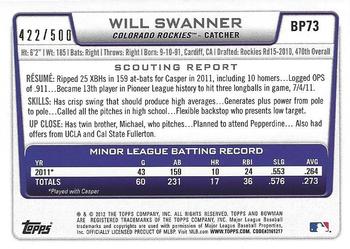 2012 Bowman - Prospects Blue #BP73 Will Swanner Back