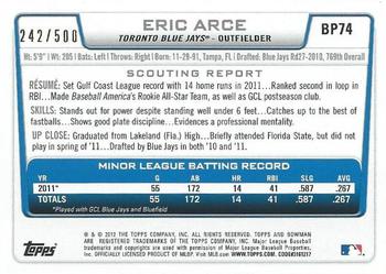 2012 Bowman - Prospects Blue #BP74 Eric Arce Back