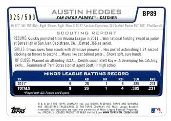 2012 Bowman - Prospects Blue #BP89 Austin Hedges Back