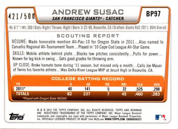 2012 Bowman - Prospects Blue #BP97 Andrew Susac Back