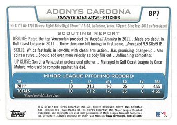 2012 Bowman - Prospects International #BP7 Adonys Cardona Back