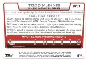 2012 Bowman - Prospects International #BP63 Todd McInnis Back