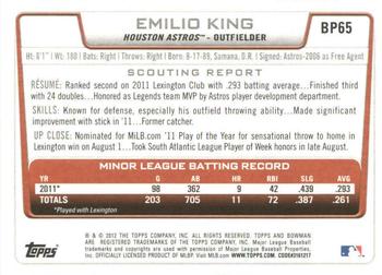 2012 Bowman - Prospects International #BP65 Emilio King Back
