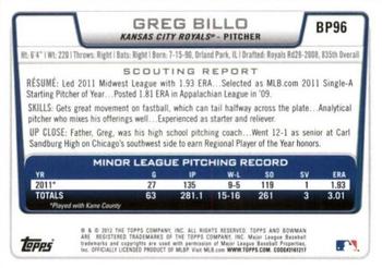2012 Bowman - Prospects International #BP96 Greg Billo Back