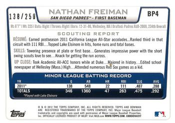 2012 Bowman - Prospects Orange #BP4 Nathan Freiman Back