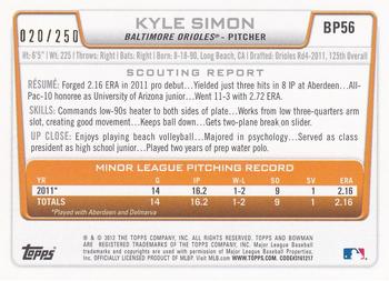 2012 Bowman - Prospects Orange #BP56 Kyle Simon Back