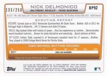 2012 Bowman - Prospects Orange #BP92 Nick Delmonico Back