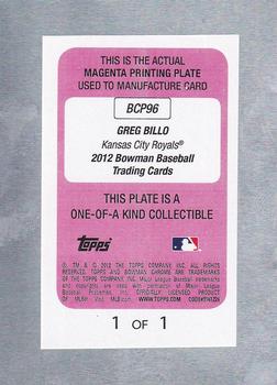 2012 Bowman - Prospects Printing Plates Magenta #BP96 Greg Billo Back