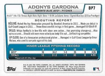2012 Bowman - Prospects Purple #BP7 Adonys Cardona Back