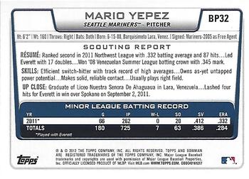 2012 Bowman - Prospects Purple #BP32 Mario Yepez Back