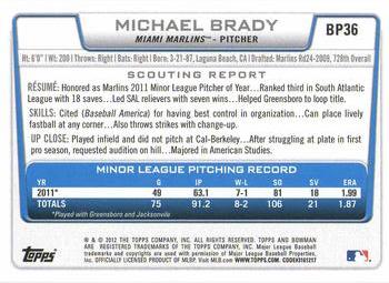 2012 Bowman - Prospects Purple #BP36 Michael Brady Back