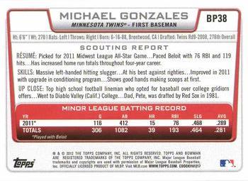 2012 Bowman - Prospects Purple #BP38 Michael Gonzales Back