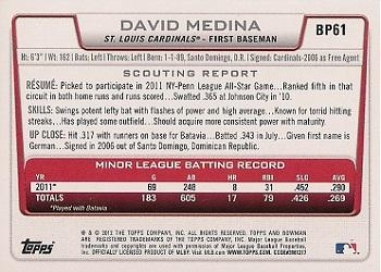 2012 Bowman - Prospects Purple #BP61 David Medina Back