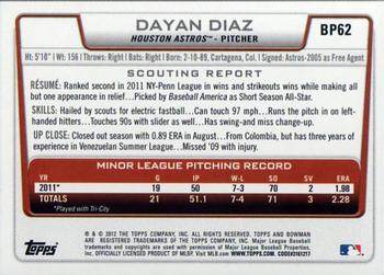 2012 Bowman - Prospects Purple #BP62B Dayan Diaz Back