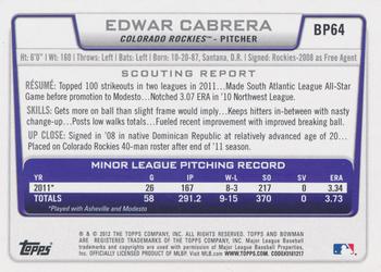2012 Bowman - Prospects Purple #BP64 Edwar Cabrera Back