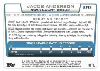 2012 Bowman - Prospects Purple #BP83 Jacob Anderson Back