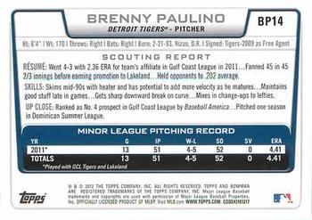 2012 Bowman - Prospects Purple #BP14 Brenny Paulino Back