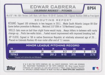 2012 Bowman - Prospects Silver Ice #BP64 Edwar Cabrera Back