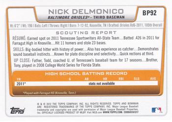 2012 Bowman - Prospects Silver Ice #BP92 Nick Delmonico Back