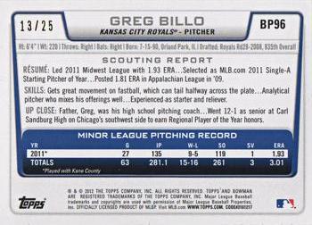 2012 Bowman - Prospects Silver Ice Red #BP96 Greg Billo Back