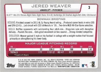 2012 Bowman - Silver Ice #3 Jered Weaver Back