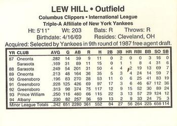 1995 Columbus Clippers #NNO Lew Hill Back