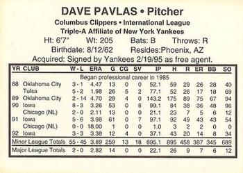 1995 Columbus Clippers #NNO Dave Pavlas Back