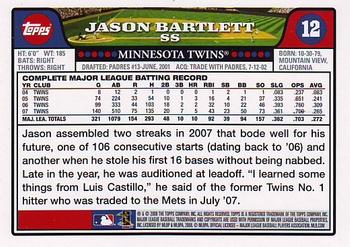 2008 Topps #12 Jason Bartlett Back