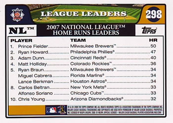 2008 Topps #298 NL Leaders: Home Runs (Prince Fielder / Ryan Howard / Adam Dunn) Back