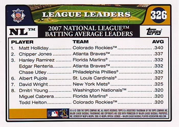 2008 Topps #326 NL Leaders: Batting Average (Matt Holliday / Chipper Jones / Hanley Ramirez) Back