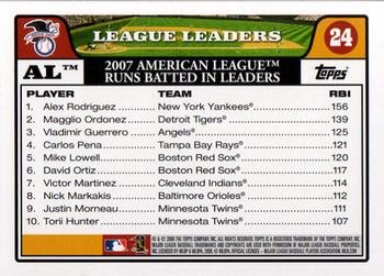 2008 Topps #24 AL Leaders: Runs Batted In (Alex Rodriguez / Magglio Ordonez / Vladimir Guerrero) Back