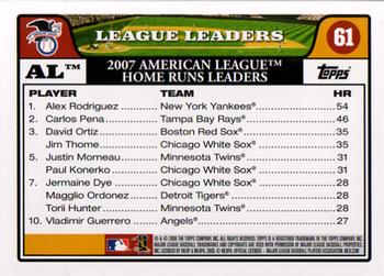 2008 Topps #61 AL Leaders: Home Runs (Alex Rodriguez / Carlos Pena / David Ortiz) Back