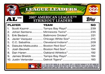 2008 Topps #322 AL Leaders: Strikeouts (Scott Kazmir / Johan Santana / Erik Bedard) Back