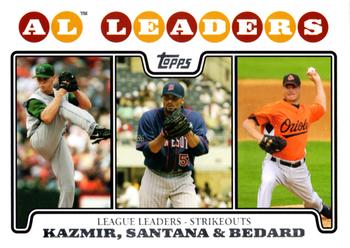2008 Topps #322 AL Leaders: Strikeouts (Scott Kazmir / Johan Santana / Erik Bedard) Front