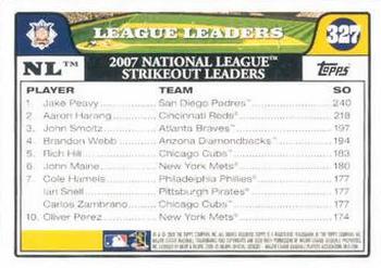 2008 Topps #327 NL Leaders: Strikeouts (Jake Peavy / Aaron Harang / John Smoltz) Back